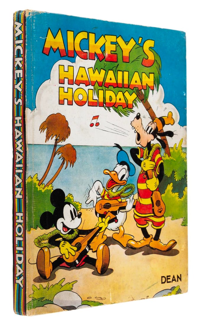 A Mickey's Hawaiian Holiday Storybook.: (Dean & Son, 1938) A Mickey's Hawaiian Holiday storybook, published by Dean & Son of London. The book expands the cartoon short "Hawaiian Holiday" into 72 fully illustrated pages packed with unusual B
