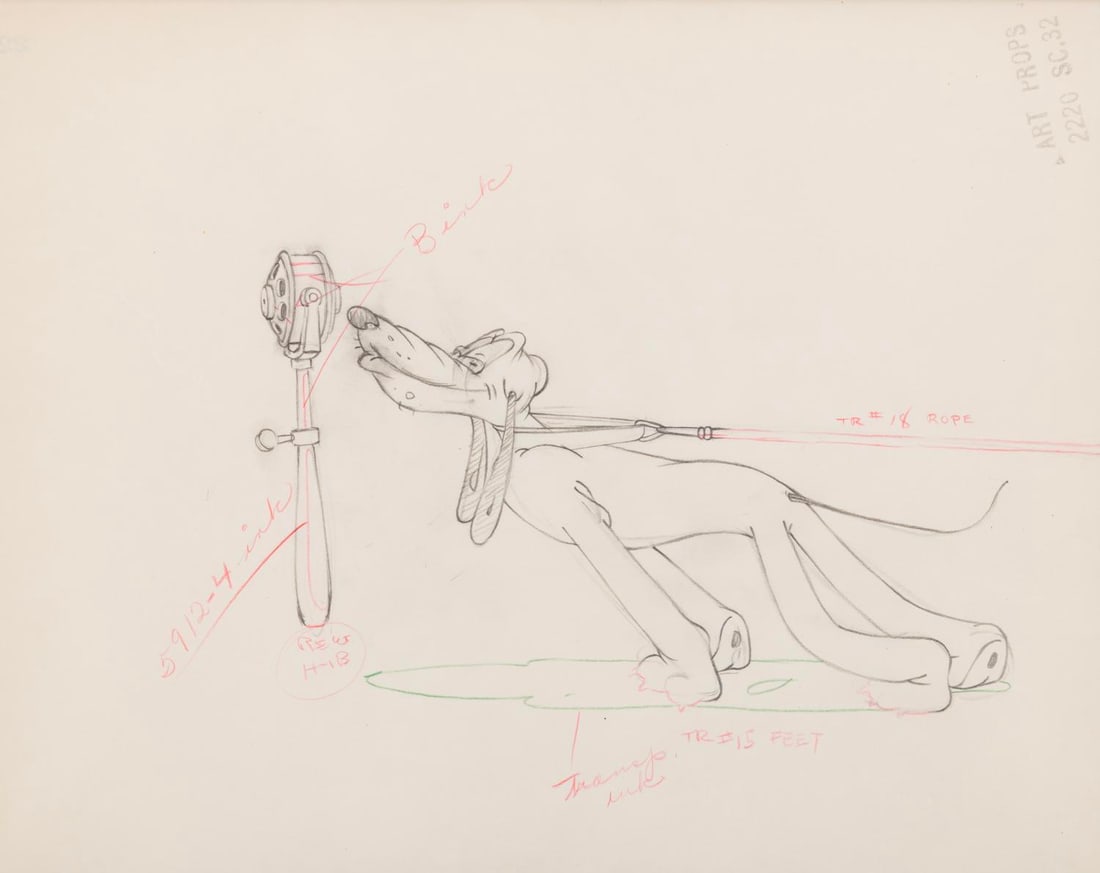 An Original Production Drawing from "Society Dog Show".: (Disney, 1939) An original production drawing of Pluto from the 1939 short, "Society Dog Show." Accomplished in graphite and colored pencil, the drawing has an image size of 8.5" x 4.5" on untrimmed