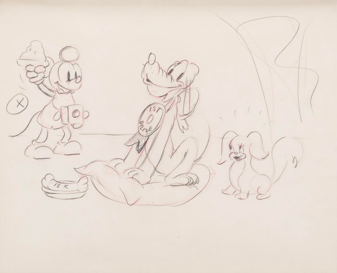 A "Society Dog Show" Publicity Drawing.: (Disney, 1939) An original rough drawing of Mickey, Pluto, and Fifi from the 1939 Mickey Mouse short "Society Dog Show," most likely used in the development of a publicity drawing. The untrimmed anima