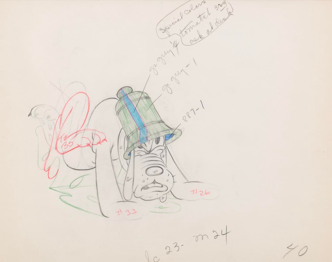 A "Beach Picnic" Pluto Color Model Drawing.: (Disney, 1939) An original color model drawing of Pluto from the Donald Duck animated short "Beach Picnic." Pluto has an image size of 4.75" x 6.5" on 9" x 11.5" visible animation paper. The entire fr