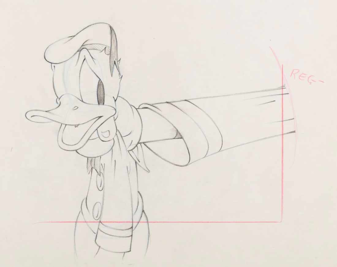 An Original Donald Duck Production Drawing from "The Autograph Hound.": (Disney, 1939) An original production drawing of Donald Duck from the 1939 short, "The Autograph Hound." Accomplished in graphite and colored pencil, the image measures 6" x 6" on untrimmed 12" x 10" 