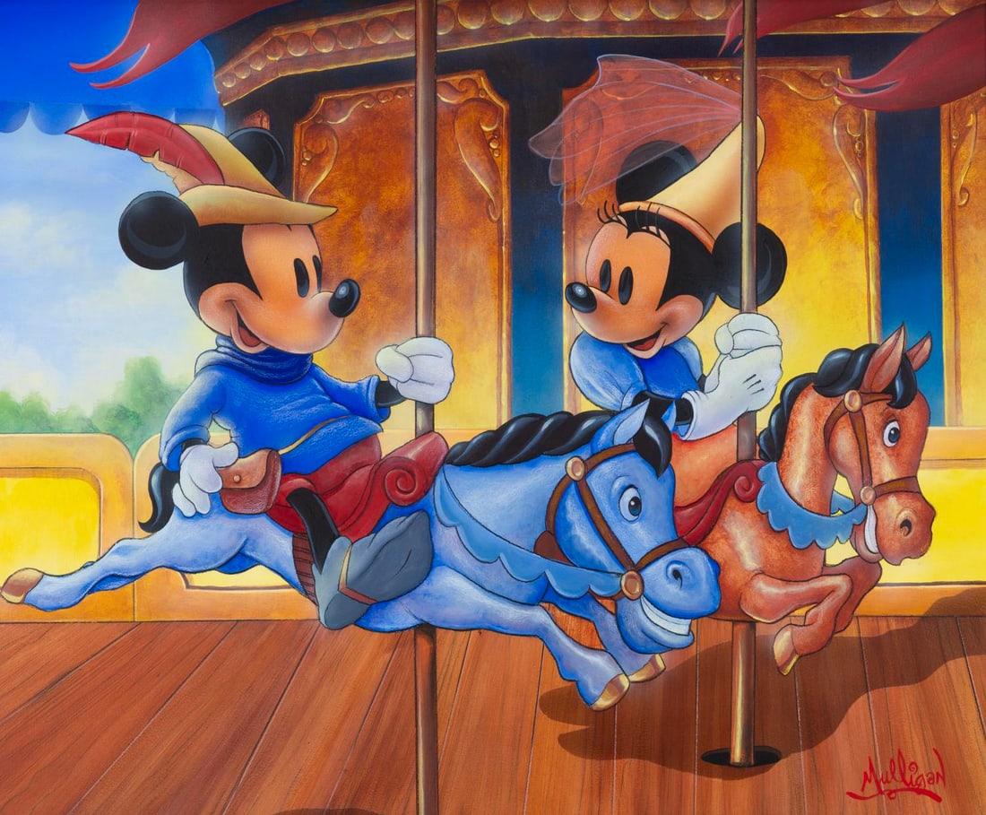 A Mickey & Minnie Mouse Original Painting by James C Mulligan.: (Disney, 2000s) A framed original painting of Mickey and Minnie Mouse titled "Tailor Made for Two" by James C Mulligan. Measuring 20" x 24" in a 24.75" x 29" frame, the signed hand-painted artwork is