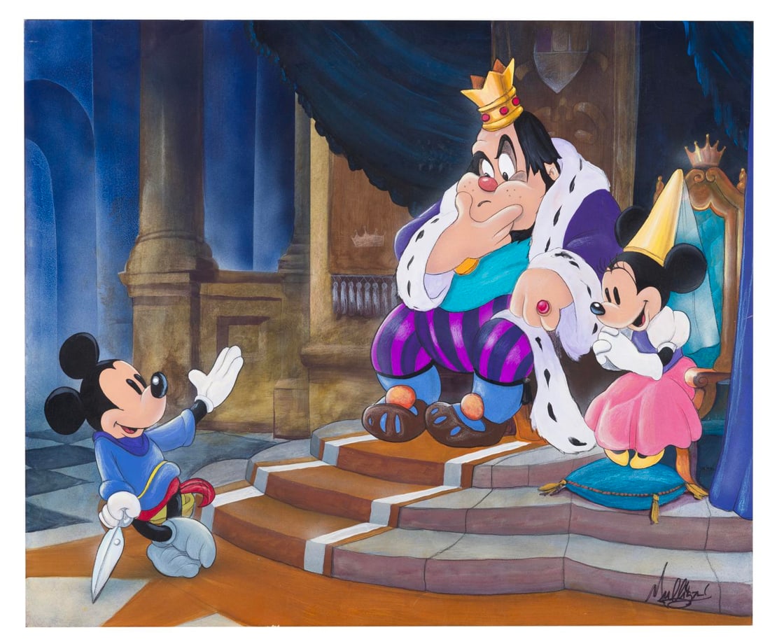 An Original "Brave Little Tailor" Painting by James C Mulligan.: (Disney, 2000s) An original painting inspired by the Mickey Mouse short "Brave Little Tailor," by artist James C. Mulligan. Measuring 20" x 24", the hand-painted artwork on board is signed and in