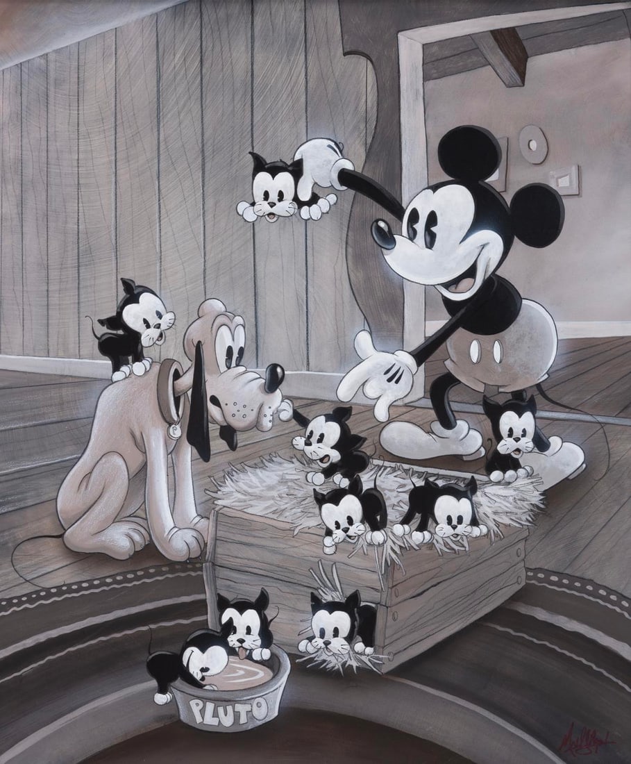 An Original "Pluto's Kittens" Painting by James C Mulligan.: (Disney, 2000s) A framed original painting of Mickey Mouse and Pluto by artist James C Mulligan, inspired by the animated short "Pluto's Kittens." With an image size of 19.5" x 23.5" in a 25" x 29" fr