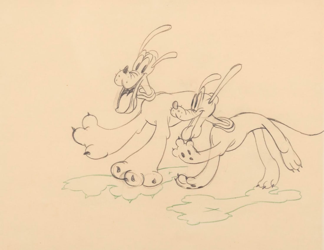 A "Bone Trouble" Pluto Production Drawing.: (Disney, 1940) An original production drawing of Pluto in a funhouse mirror from "Bone Trouble." Pluto has an image size of 5.5" x 7" on 7" x 9" visible animation paper. The entire framed and matted p