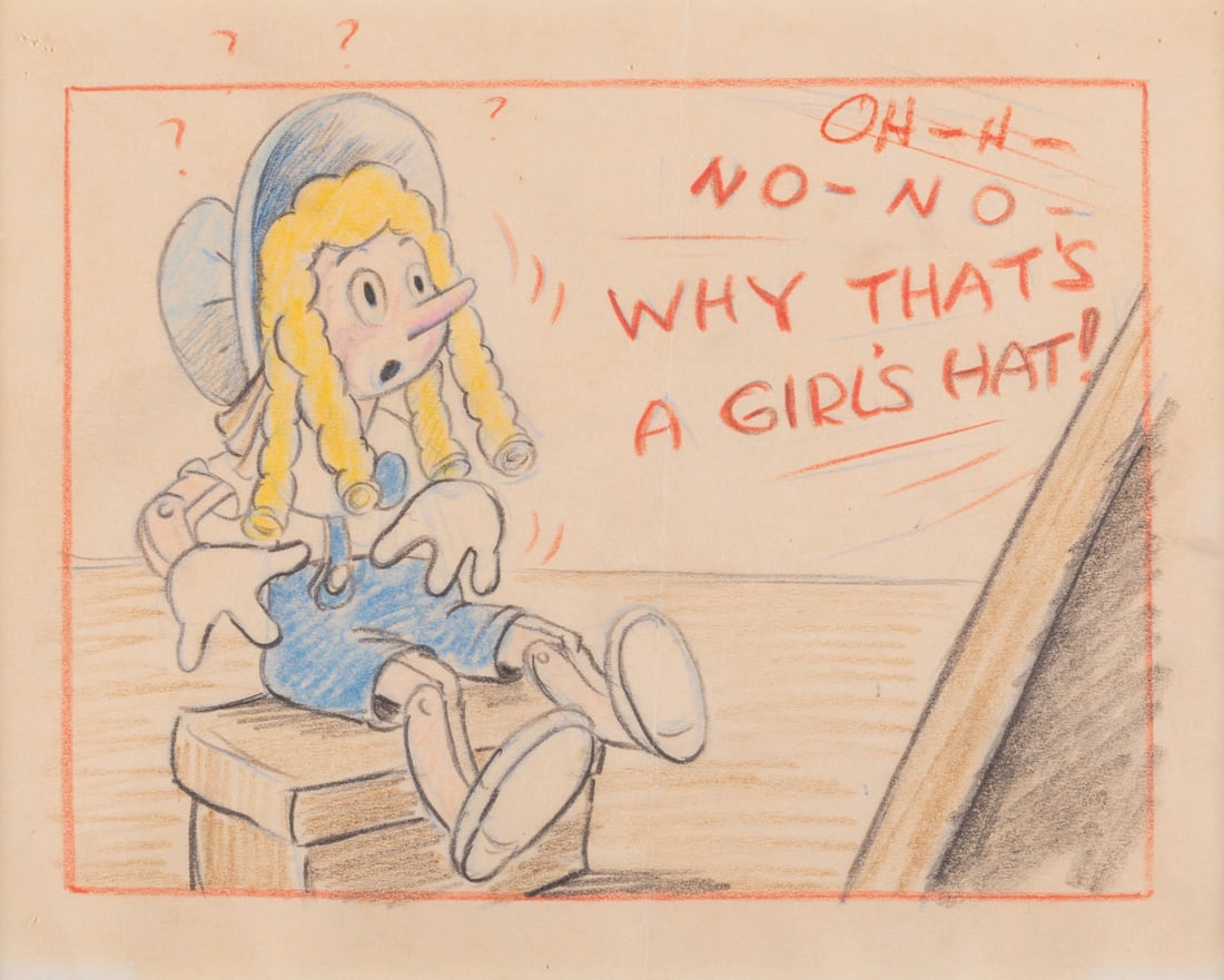 A "Pinocchio" Original Storyboard Drawing.: (Disney, 1940) An original storyboard drawing of Pinocchio by artist Homer Brightman. The writer and storyboard master worked at the Disney Studio from 1935-1950, contributing to classics including "S