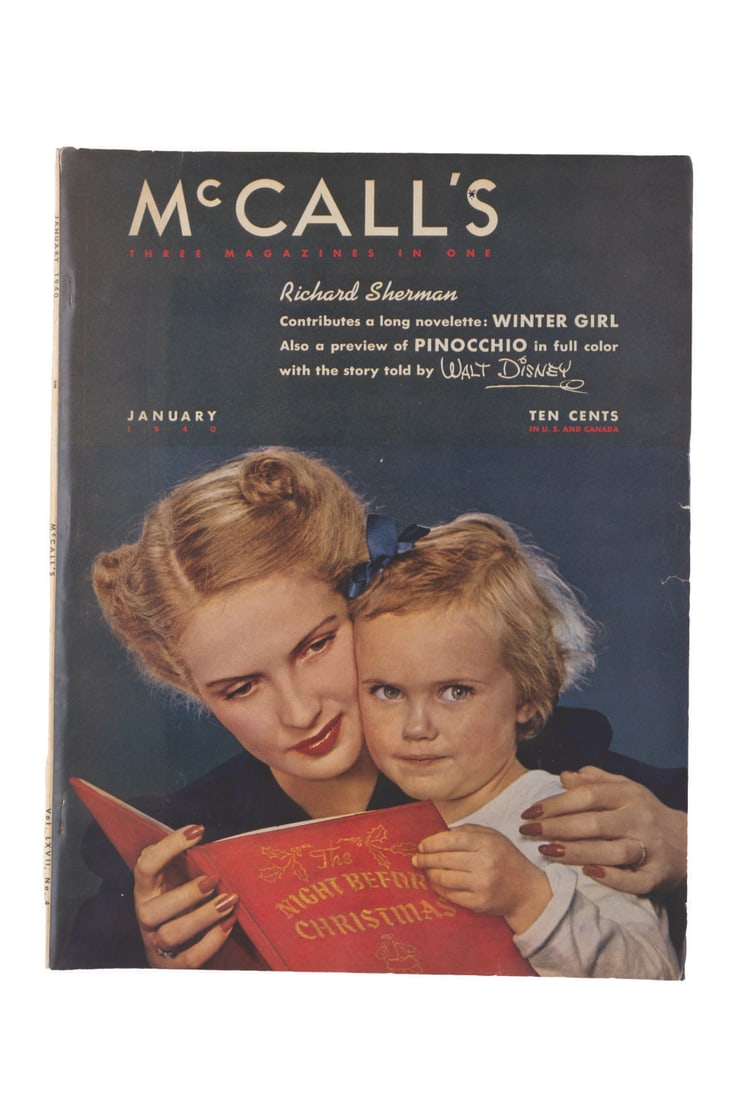 A 1940 "McCall's" Magazine Featuring a Preview of "Pinocchio.": (McCalls, 1940) A January 1940 McCalls magazine featuring a four page preview of Walt Disney's "Pinocchio" released in theatres a month later. Measuring 10.5" x 13.75", the magazine is in very good