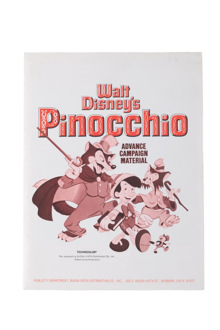 A "Pinocchio" 1984 Re-Release Press Kit.: (Disney, 1984) A press kit for the 1984 theatrical re-release of "Pinocchio." The folder contains six 8" x 10" publicity stills, production notes, and credits. The press kit is in very good condition