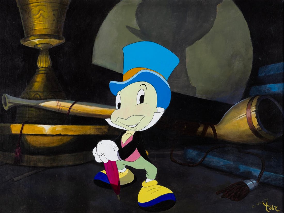 An Original Jiminy Cricket Painting by Toby Bluth.: (Bluth, 2000s) A framed original painting of Jiminy Cricket from "Pinocchio" by artist Toby Bluth. With an image size of 17.5" x 23.5" in a 23.75" x 29.75" frame, the signed hand-painted art is in