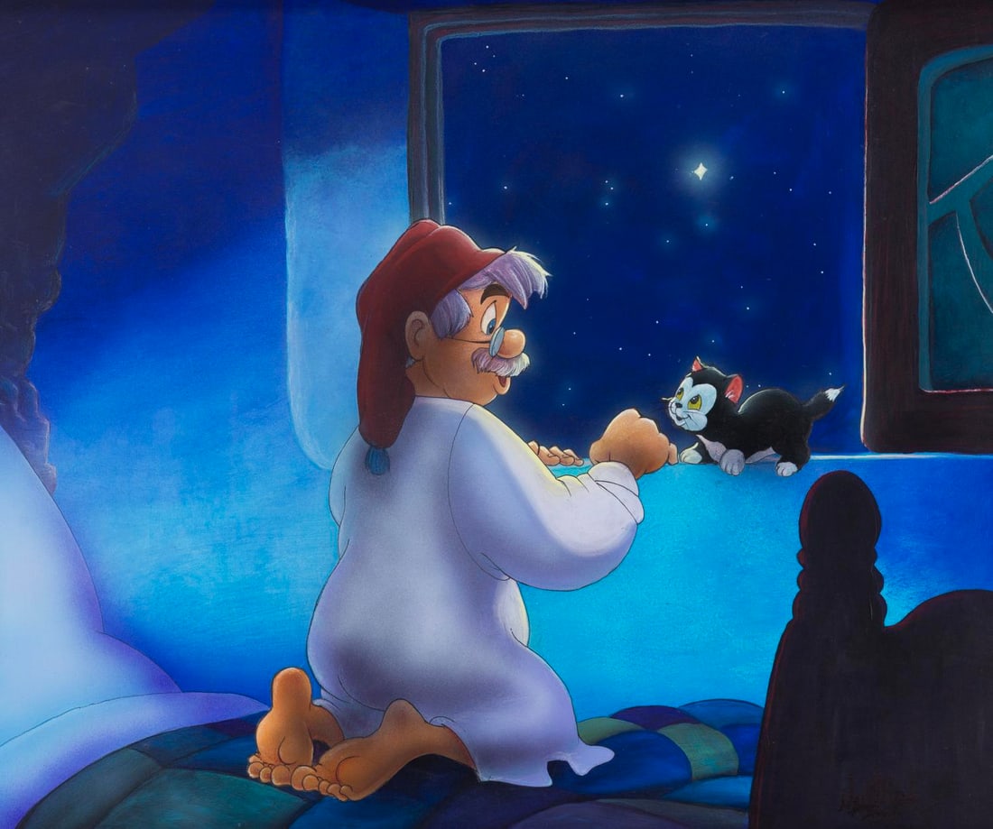 A Geppetto and Figaro Original Painting by James C Mulligan.: (Disney, 2000s) A framed original painting of Geppetto and Figaro wishing upon a star, created by Disney artist James C Mulligan. Measuring 19.5" x 23.5" in a 26" x 30" frame, the signed hand-painted
