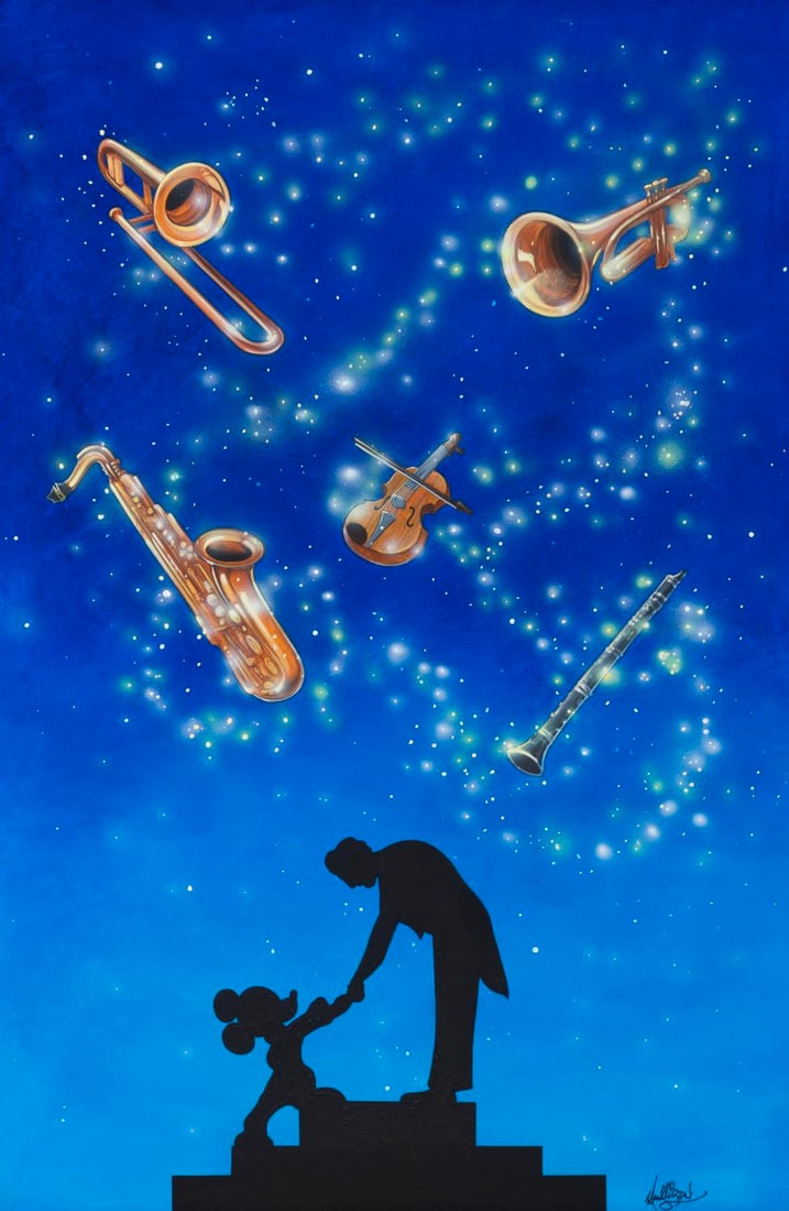 An Original Painting of Mickey & Leopold Stokowski in "Fantasia.": (Disney, 2000s) A framed original painting inspired by "Fantasia," created by Disney artist James C Mulligan. Measuring 23.5" x 35.5" in a 29.25" x 41.5" frame, the signed hand-painted art is in very 