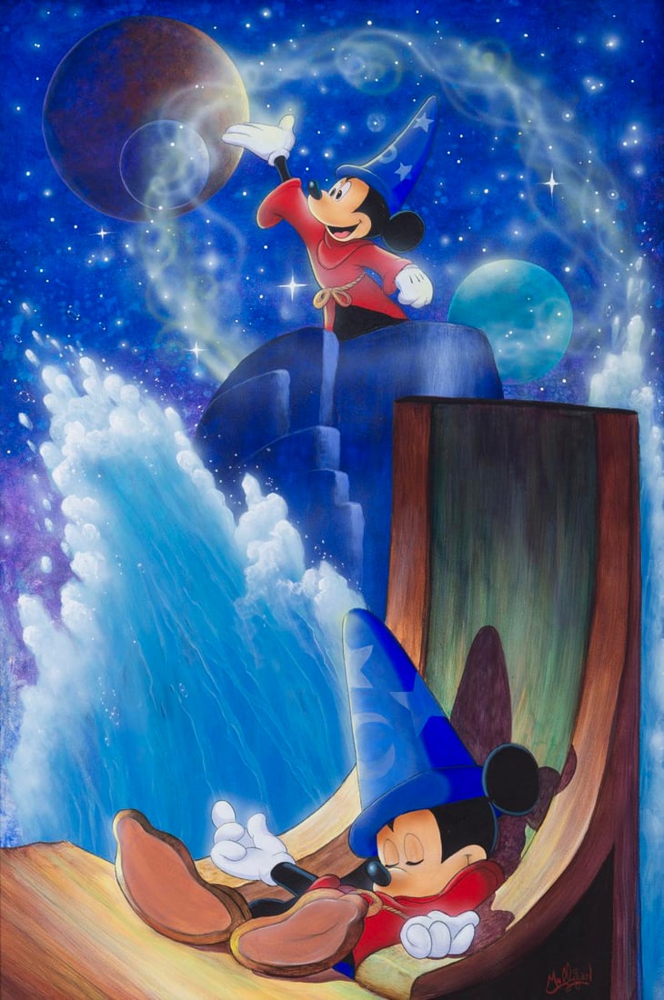 An Original Painting of Sorcerer Mickey by James C Mulligan.: (Disney, 2000s) An original painting inspired by The Sorcerer's Apprentice segment of "Fantasia," by Disney artist James C Mulligan. Measuring 23.5" x 35.5" in a 29.25" x 41.25" frame, the signed hand