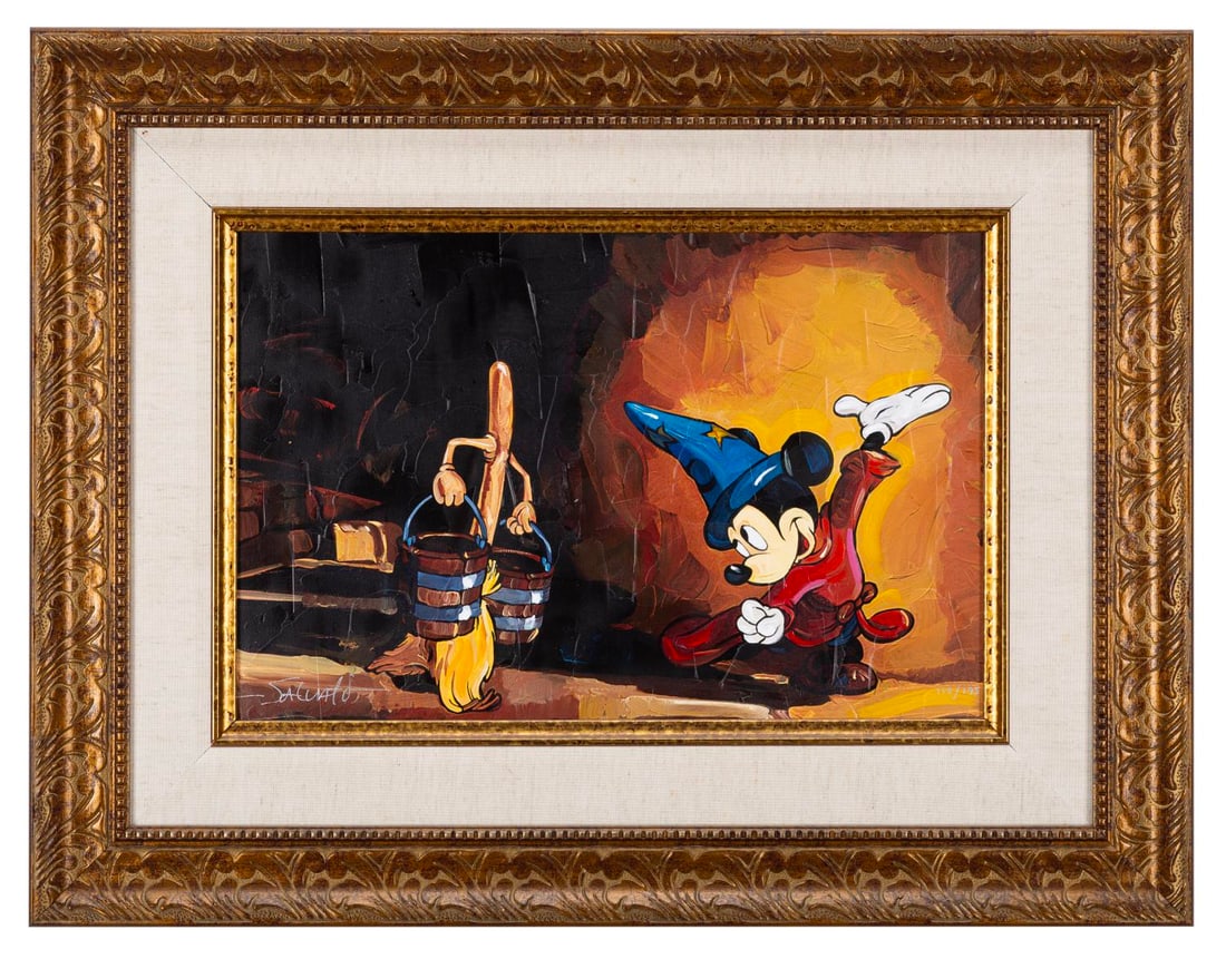 A "The Sorcerer's Apprentice" Canvas Print by Jim Salvati.: (Disney, 2000s) A limited edition giclee canvas print titled "The Sorcerer's Apprentice" by Disney artist Jim Salvati. Numbered 113/195 and measuring 12" x 18" in a 20.25" x 26.25" framed matte, the s