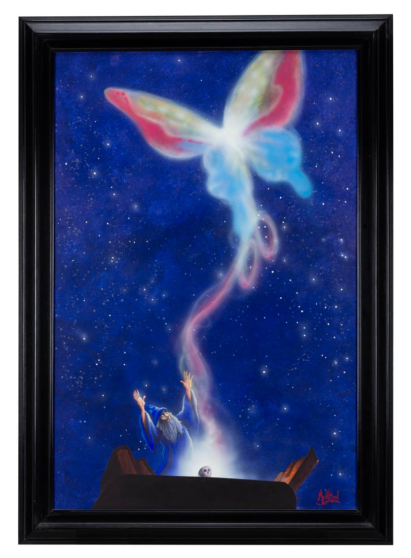 An Original "The Sorcerer's Apprentice" Painting by James C Mulligan.: (Disney, 2000s) A framed original painting of Yen Sid from "Fantasia" by James C Mulligan. With an image size of 23.5" x 35.5" in a 29.25" x 41.25" frame, the signed hand-painted art is in very good c