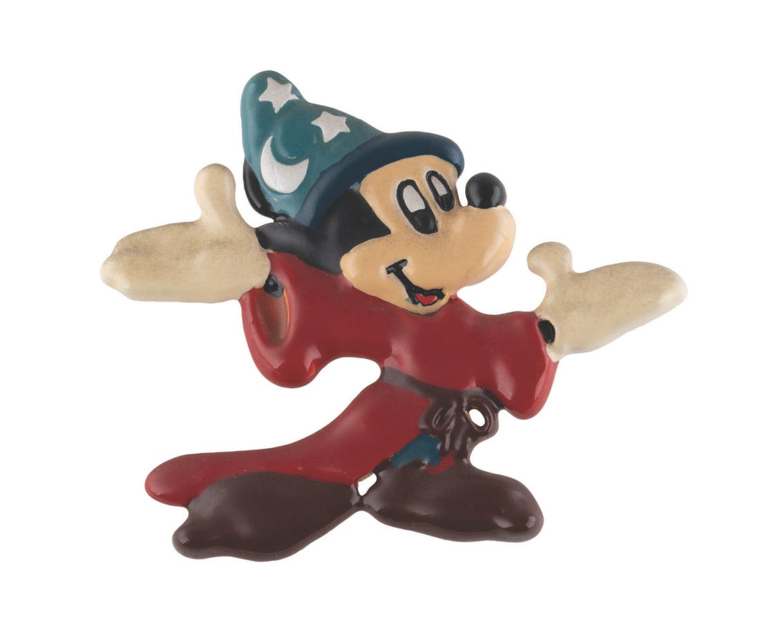 A "Fantasia" Sorcerer's Apprentice Brooch.: (Wendy Gell, 1980s-90s) A Sorcerer's Apprentice, Mickey Mouse brooch by jewelry artist Wendy Gell. Measuring 2.5" tall, Mickey is in good condition with light soiling and discoloration.