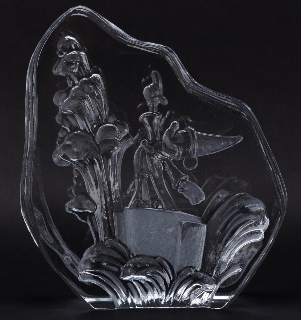 A Sorcerer Mickey Crystal Paperweight by Arribas.: (Arribas Bros., 1990s-2000s) A crystal paperweight of Sorcerer Mickey from "Fantasia," made by the Arribas Bros. Measuring 5.5" x 6" x 1.5" thick, the crystal paperweight comes with its original box a