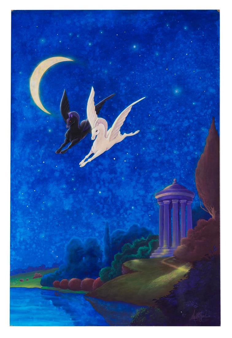 A "Fantasia" Original Painting by James C Mulligan.: (Disney, 2000s) An original painting inspired by the Pastoral Symphony segment of "Fantasia," by James C Mulligan. Measuring 24" x 36", the signed hand-painted art on board is in good condition with s