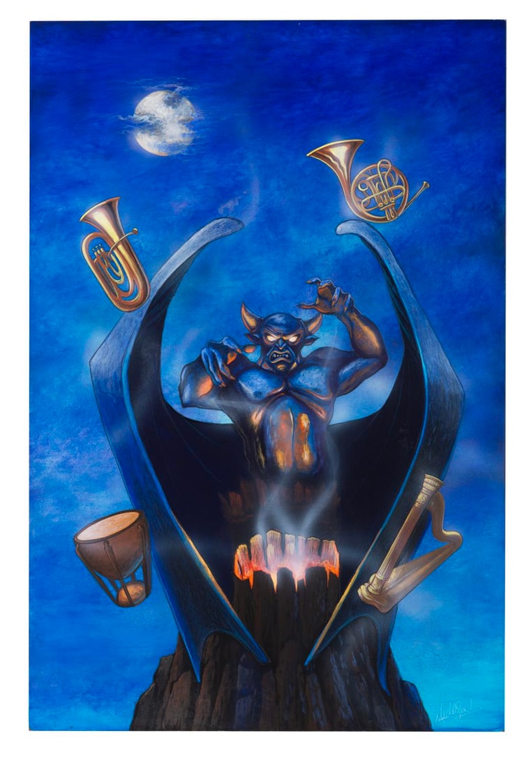 A Chernabog Original Painting by James C Mulligan.: (Disney, 2000s) An original painting of Chernabog, inspired by the Night on Bald Mountain segment of "Fantasia," by James C Mulligan. Measuring 24" x 35.75", the signed hand-painted art on board displ