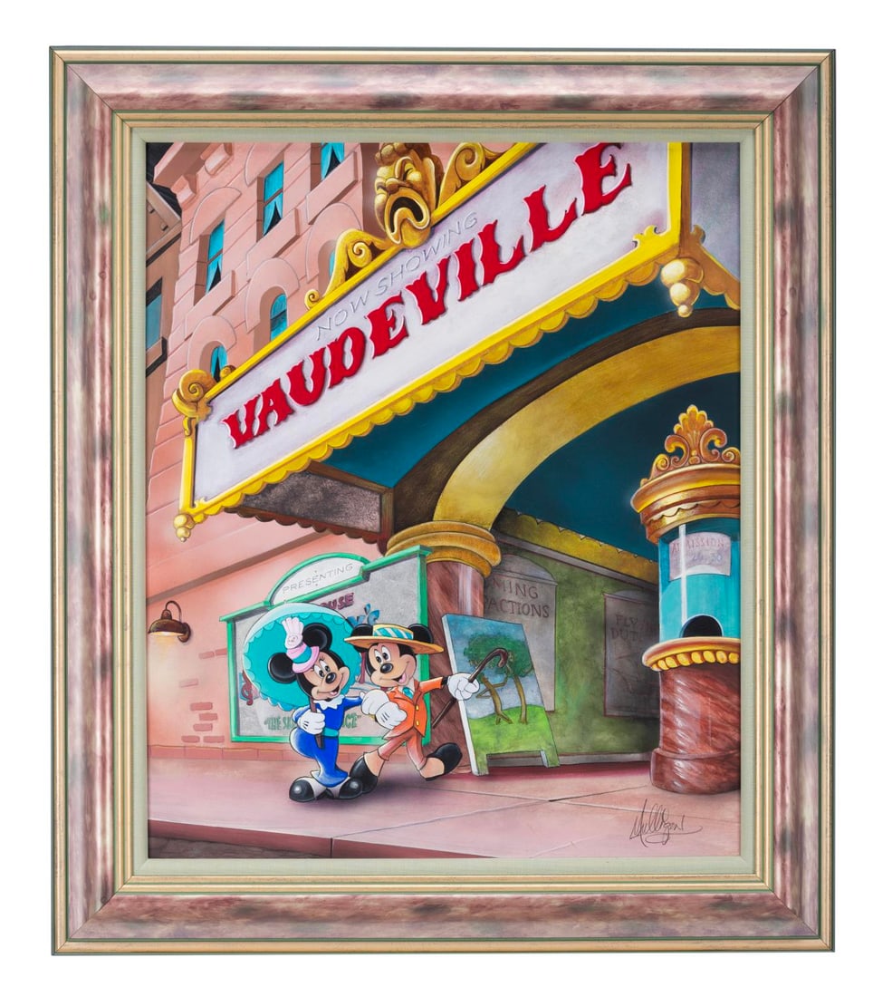 A Mickey and Minnie "Midtown Matinee" Original Painting.: (Disney, 2000s) An original painting of Mickey and Minnie inspired by "Nifty Nineties," by James C Mulligan and titled "Midtown Matinee." Measuring 20" x 24" in a 26" x 30" frame, the signed hand-pain