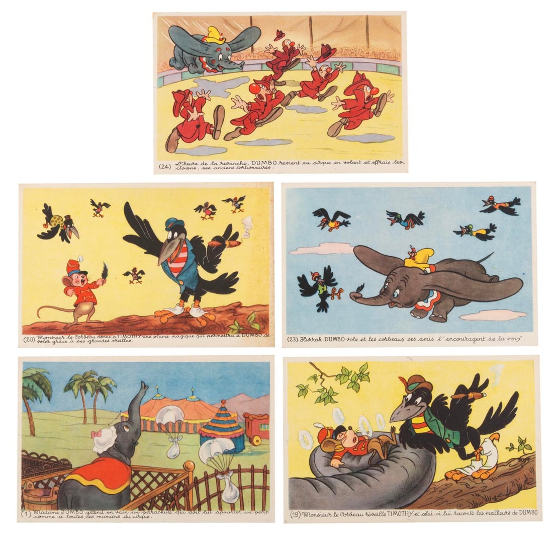 A Collection of Early French "Dumbo" Postcards.: (Superluxe, 1940s) A collection of five "Dumbo" postcards from Paris, France, featuring colorful scenes from the Disney animated film. Measuring 3.5" x 5.5", the cards are in very good condition with 