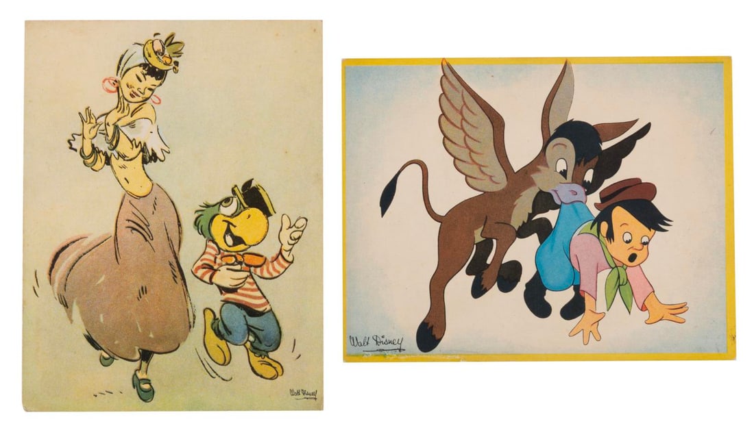 A Pair of "Saludos Amigos" and "Three Caballeros" Postcards.: (Brownlee, 1942) Two British "Saludos Amigos" and "Three Caballeros" postcards featuring Joe Carioca doing the Samba and the Flying Burrito. Measuring 4" x 5.5", the postcards are in very good conditi