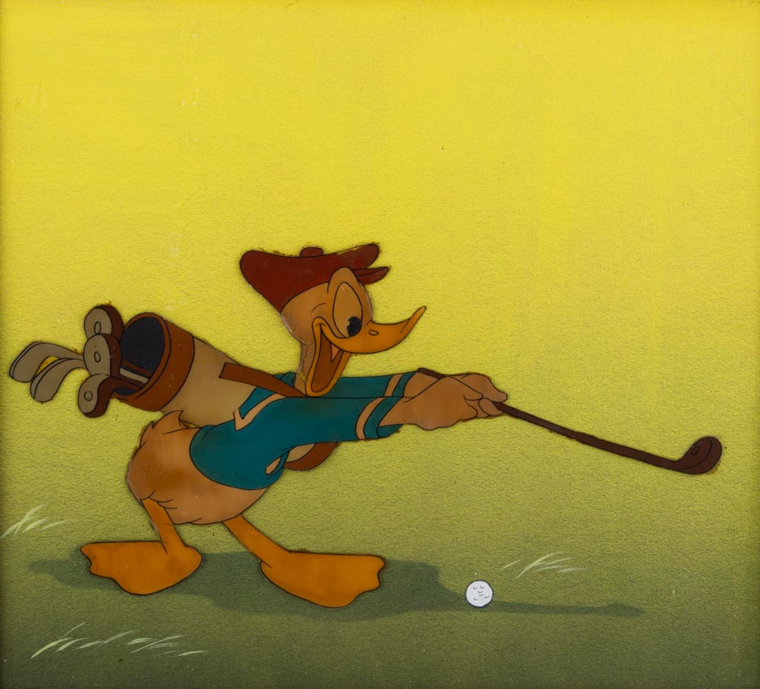 A Walt Disney Signed Donald Duck Cel.: (Disney, 1944) An original production cel from the 1944 animated short "Donald's Off Day" with a matte signed by Walt Disney. The cel was trimmed to character and placed on a custom painted background