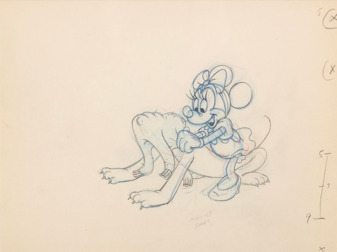 A "First Aiders" Original Production Drawing.: (Disney, 1944) An original production drawing of Minnie Mouse and Pluto from the 1944 Disney short, "First Aiders." Accomplished in graphite and colored pencil, the image measures 6" x 5" on untrimmed