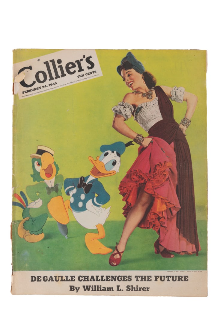 A 1945 Colliers Magazine with Donald Duck Cover.: (Colliers, 1945) A February 24, 1945 issue of Colliers Magazine with a terrific cover featuring Aurora Miranda, Joe Carioca, and Donald Duck from "The Three Caballeros." Measuring 10.75" x 13.25",