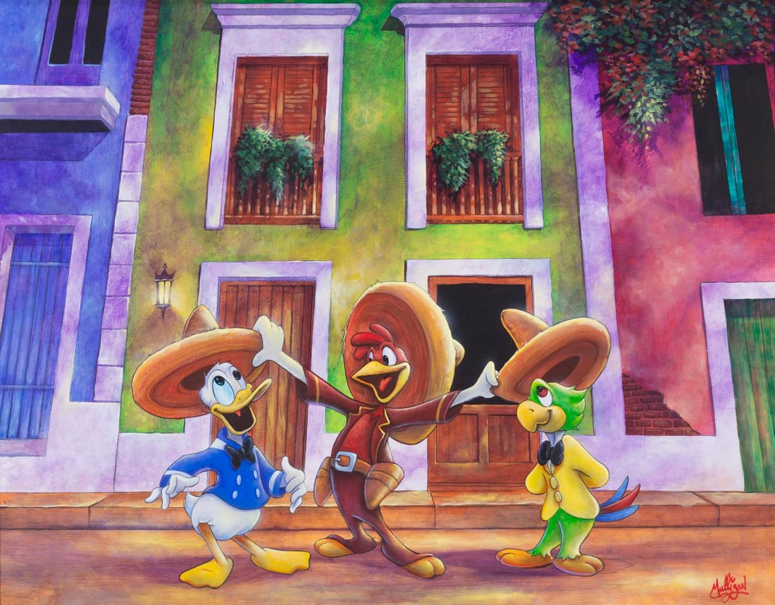 An Original "The Three Caballeros" Painting by James C Mulligan.: (Disney, 2000s) A framed original painting of Donald, Panchito, and Jos? in "The Three Caballeros," by Disney artist James C. Mulligan. With a visible image size of 21.5" x 27.5" in a 29" x 35"