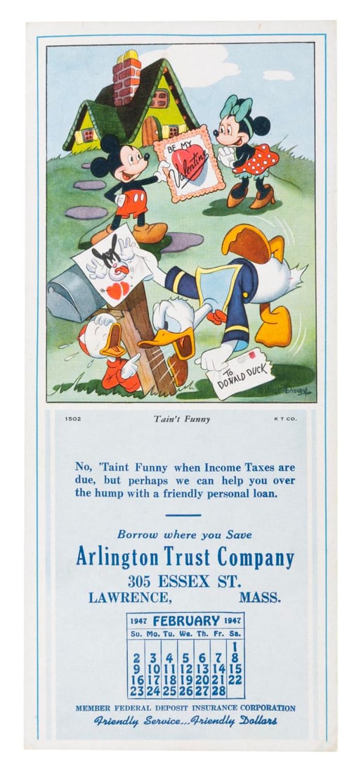 A 1947 Disney Desk Blotter/Calendar.: (Arlington Trust Co., 1947) A February 1947 desk blotter featuring Disney characters, reminding that taxes are due soon, while also promoting the services of the bank. Blotters were used to absorb exc