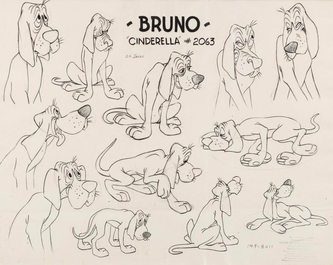 A Bruno "Cinderella" Photostat Model Sheet.: (Disney, 1950) An original photostat model sheet of Bruno from "Cinderella." Model sheets such as this were distributed to animators and crew working on the film to ensure character design