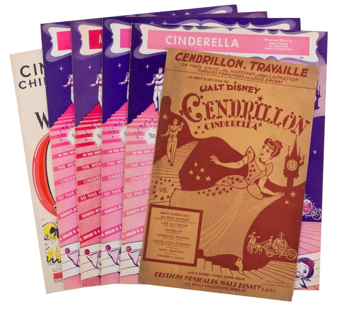 A Collection of "Cinderella" Sheet Music.: (Walt Disney Music Company, 1948) A collection of "Cinderella" sheet music. Included are a Children's album for the film with simplified arrangements, individual sheets for "Cinderella," "So This is L