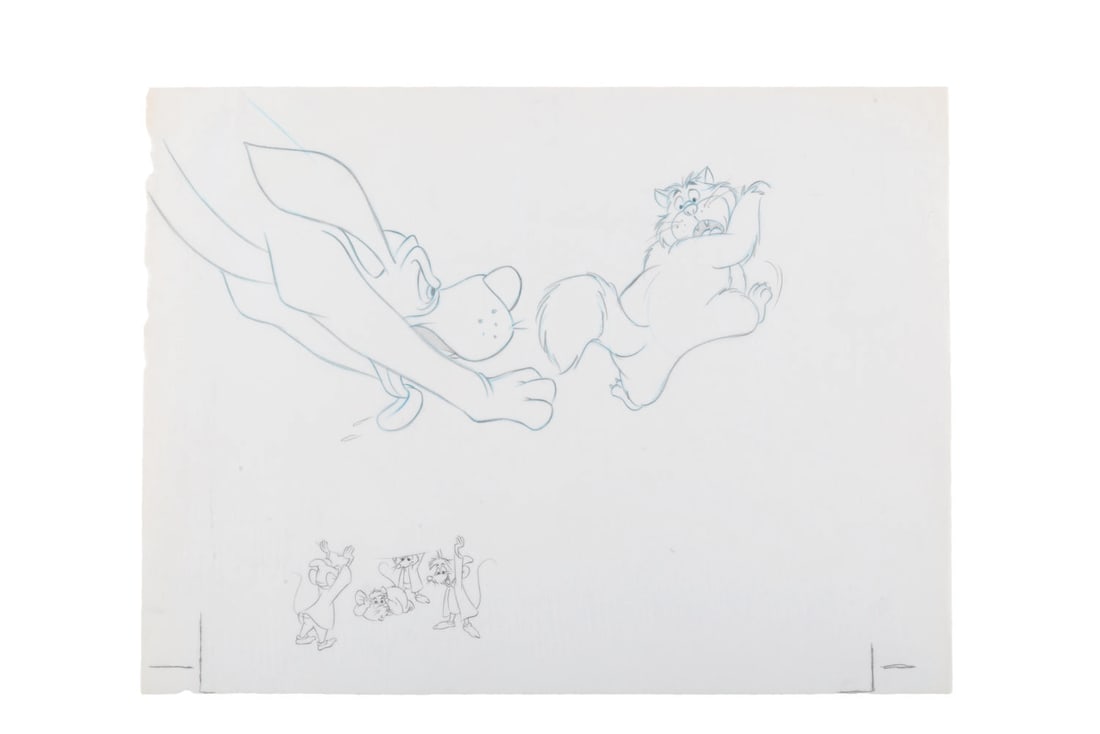 "Cinderella" View-Master Slide Development Art.: (Disney, 1990s) An original development drawing of Bruno, the Mice, and Lucifer for a "Cinderella" View-Master slide. The graphite drawing was created at the Disney Studio and used to create a color i