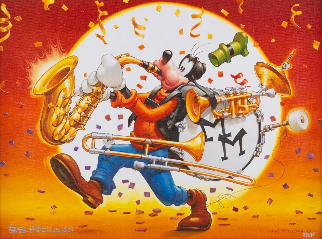 A "Mickey Mouse Club Goofy Bandleader" Canvas Print.: (Disney, 2010) A limited edition canvas giclee print titled "Mickey Mouse Club Goofy Bandleader" by artist Greg McCullough, numbered 8 of 295. The reverse of the frame features a hand-drawn Mickey Mou