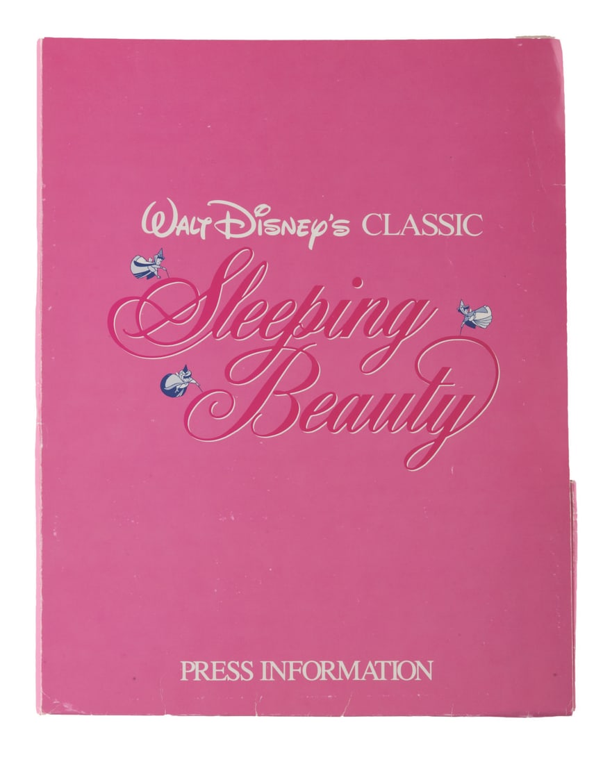 A "Sleeping Beauty" Press & Publicity Collection.: (Disney, 1958-80s) A collection of "Sleeping Beauty" publicity items. Included is a press kit folder and information packet from a 1980s re-release, fifteen 8" x 10" publicity stills including two dup