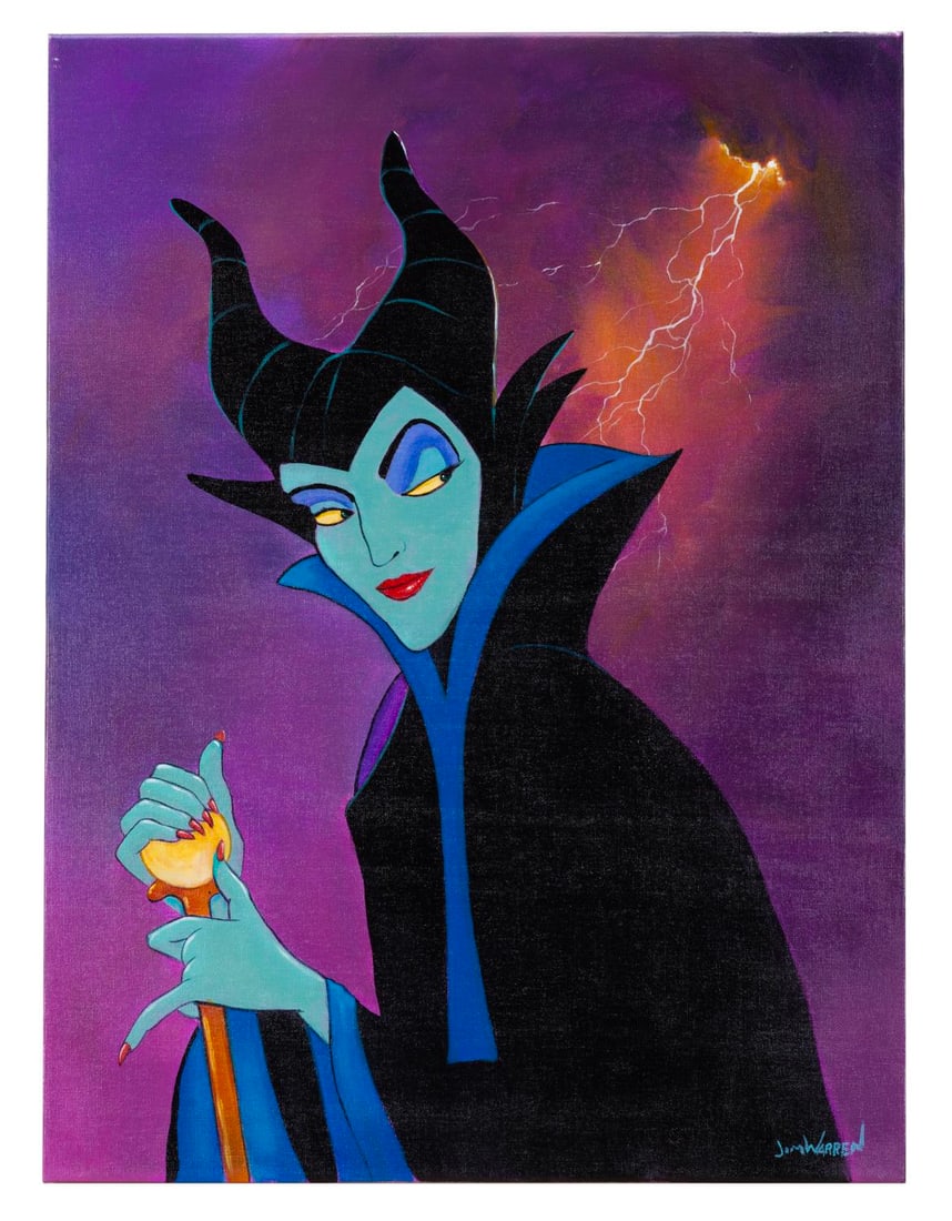An Original Painting of Maleficent by Jim Warren.: (Disney, 2000s) An original painting of Maleficent, the Mistress of Evil from "Sleeping Beauty," by Jim Warren. Measuring 18" x 24", the painting on canvas is in very good condition with light wear an
