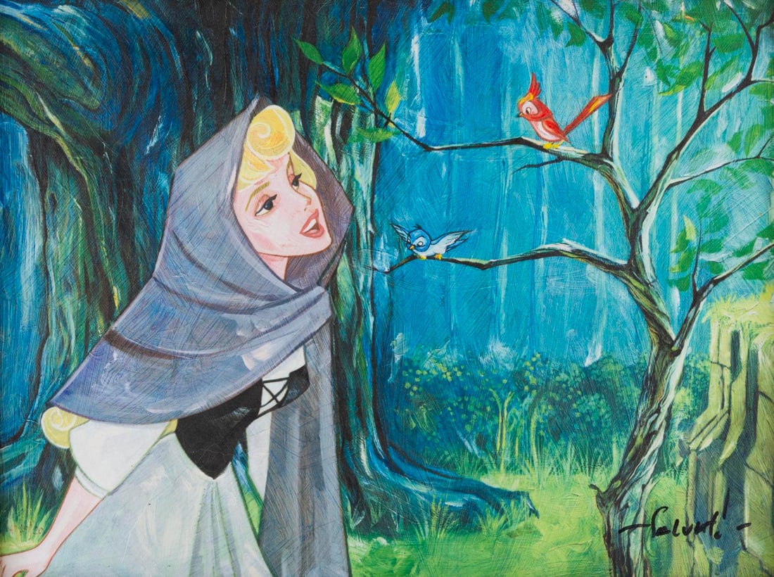 A Sleeping Beauty "Singing with the Birds" Canvas Print.: (Disney, 2000s) A limited edition giclee canvas print of Briar Rose from "Sleeping Beauty" titled "Signing with the Birds" by artist Jim Salvati. Numbered AP 19/20 and measuring 12" x 16" in a 17.25" 