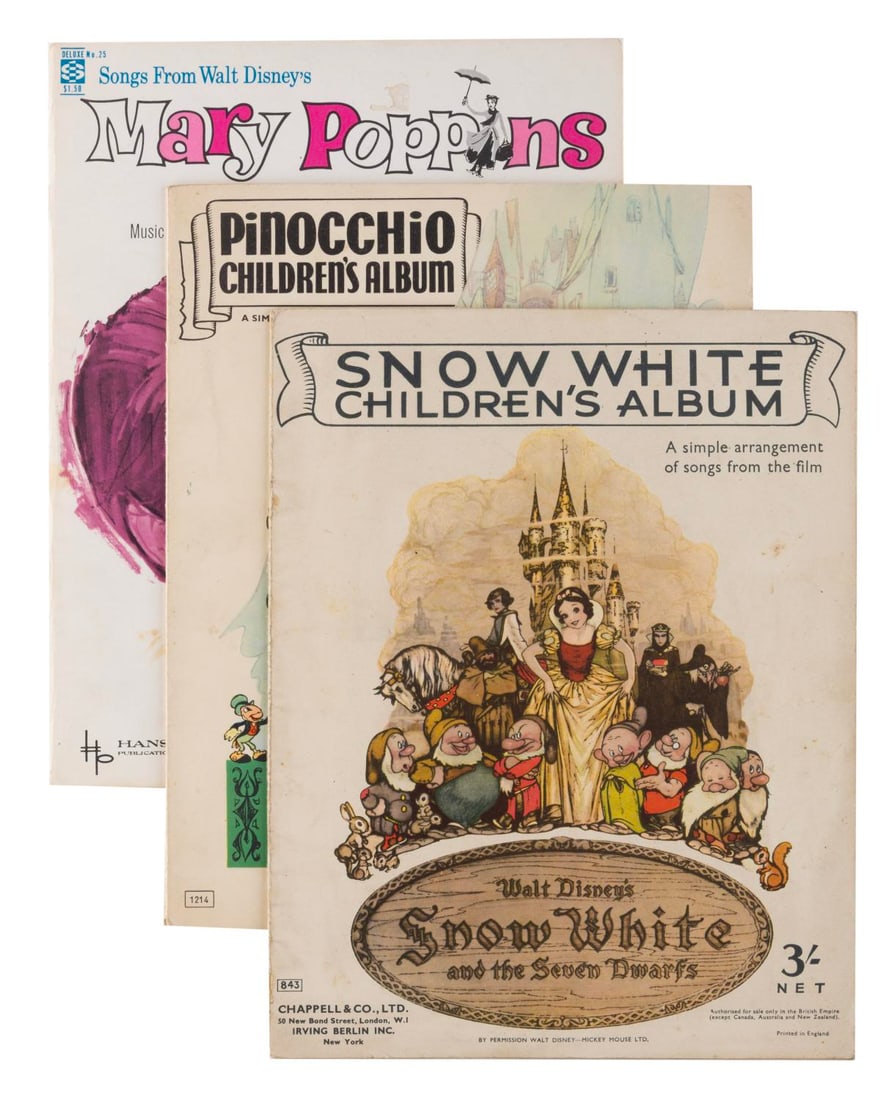 A Trio of Disney Children's Sheet Music Books.: (Chappell & Co./Wonderland Music, 1930s-60s) Three books of Disney Film sheet music, with special simplified arrangements for children to play. Included are "Snow White and the Seven Dwarfs," "Pinocch