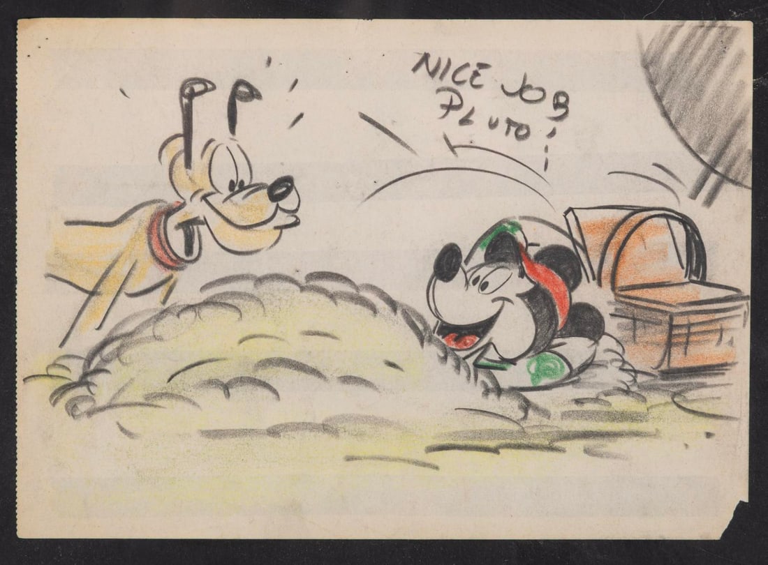 A Mickey and Pluto Original Storyboard Drawing.: (Disney, 1950s) An original storyboard drawing featuring Mickey and Pluto from an unknown 1950s production. The pastel storyboard measures 8.5" x 6" and is beautifully presented in a custom 18" x 15" 