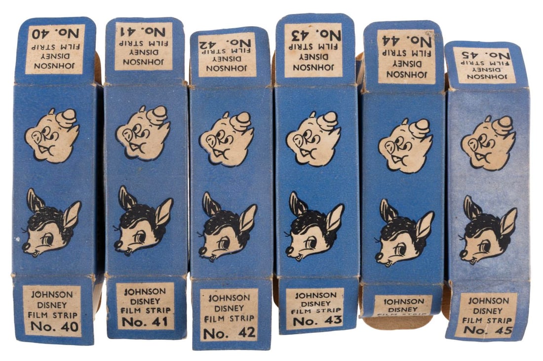 A Walt Disney Film Strip Collection.: (Johnsons of Hendon Ltd., 1950s) A collection of six Walt Disney film strips featuring scenes from Disney animated films. Included are series 51 film strips #40 "Pinocchio," #41 "Cinderella," #42A "Mi