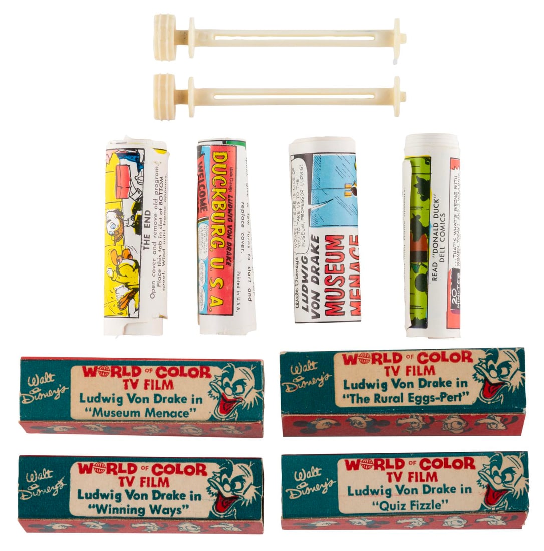 A Walt Disney's World of Color TV Film Strip Collection.: (Disney, 1960s) A collection of four Walt Disney's World of Color TV Film strips starring Ludwig Von Drake. Included are "The Rural Eggs-Pert", "Winning Ways", "Museum Menace," and "Quiz Fizzle" in bo