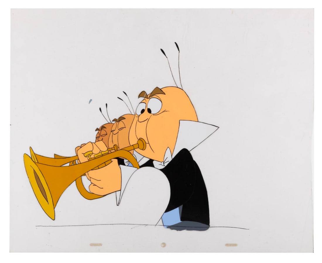 A 1960s Disney TV Original Production Cel: (Disney, 1960s) An original production cel of trumpet playing insects from a 1960s Disney television program. The trumpetters have an image size of 9.75" x 10" on a 12.5" x 15.5" laminated cel. The ce