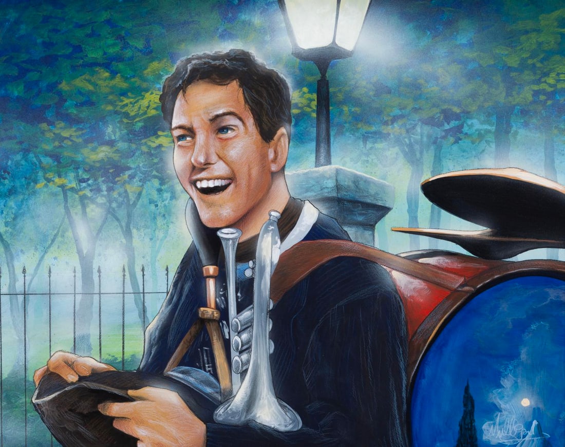 A "Mary Poppins" Bert Painting by James C Mulligan.: (Disney, 2000s) A framed original painting of Dick Van Dyke as Bert in "Mary Poppins," by James C Mulligan. With an image size of 15.5" x 19.5" in a 21" x 25" frame, the hand-painted art is in fine co
