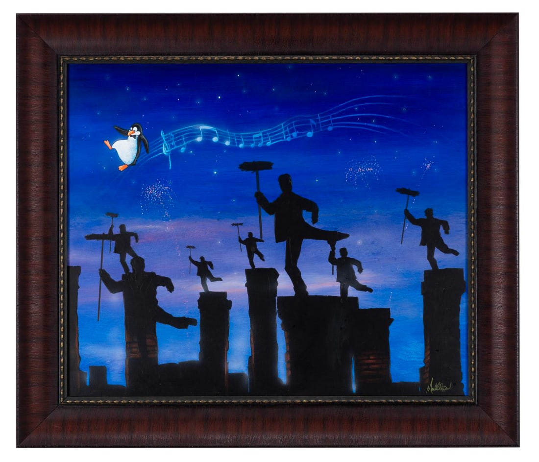 An Original "Step in Time" Painting by James C Mulligan.: (Disney, 2000s) An original painting of the "Mary Poppins" chimneysweeps dancing during the "Step in Time" musical number, by James C Mulligan. Measuring 19.5" x 23.5" in a 25.25" x 29.25" frame, the