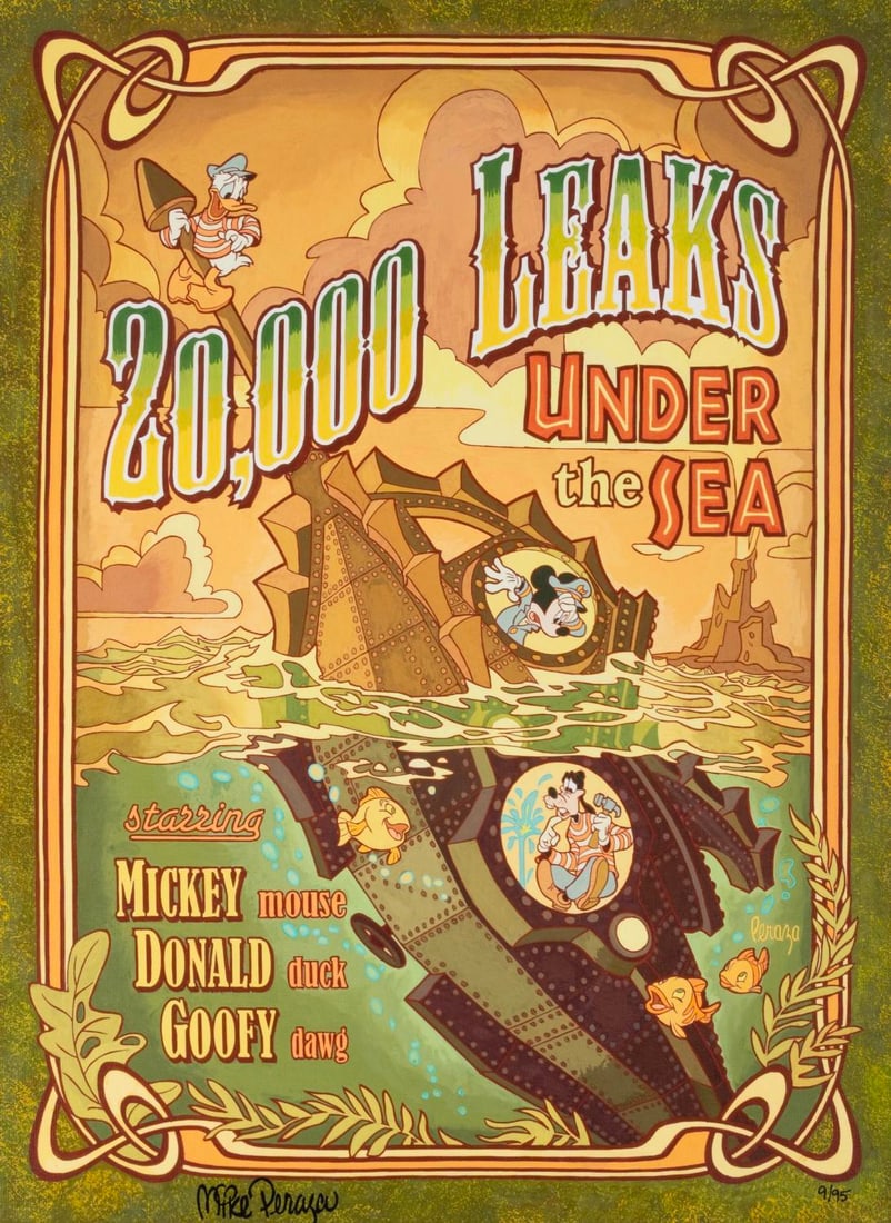 A "20,000 Leaks Under the Sea" Canvas Print by Mike Peraza.: (Disney, 2000s) A limited edition canvas print titled "20,000 Leaks Under the Sea" by artist Mike Peraza, featuring Mickey Mouse, Donald Duck, and Goofy. Numbered 9/95 and measuring 15.5" x 20.5" in a