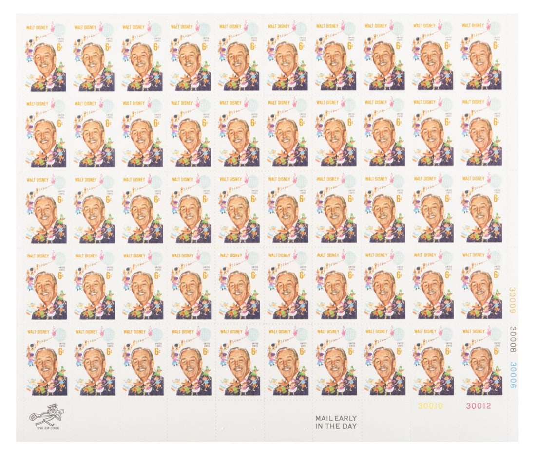 A Full Sheet of Walt Disney 6 Cent Stamps.: (USPS, 1968) A complete sheet of 50 unused Walt Disney stamps from the United States Postal Service. Measuring 9" x 10.25", the sheet is in very good condition with pinholes on the border which do not