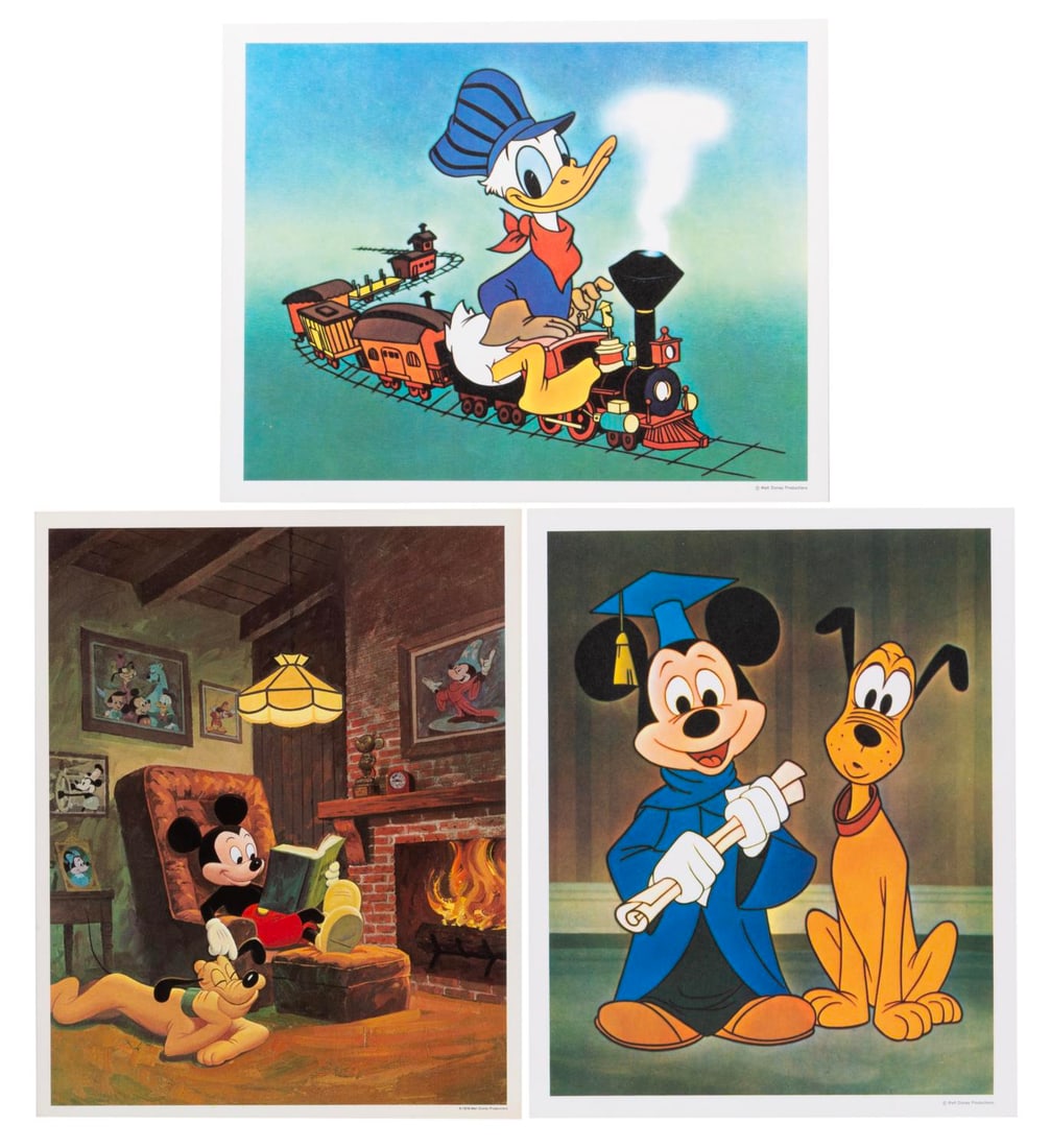 A Collection of Mickey, Pluto, and Donald Prints.: (Disney, 1970s-80s) A collection of three lithographs: one of Donald Duck on a train, one of Mickey Mouse and Pluto, and one of Mickey and Pluto next to a fireplace, the artwork of which was used for 