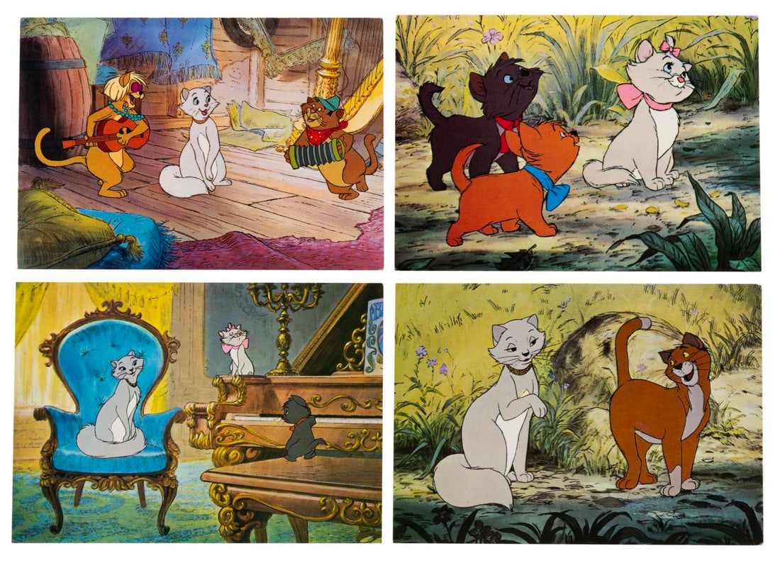 A Collection of "The Aristocats" Postcards.: (Disney, 1970s) A collection of four postcards featuring "The Aristocats." Three were printed in Great Britain, with the fourth showing the Alley Cats from Italy. Each measuring 4" x 6", the set is in
