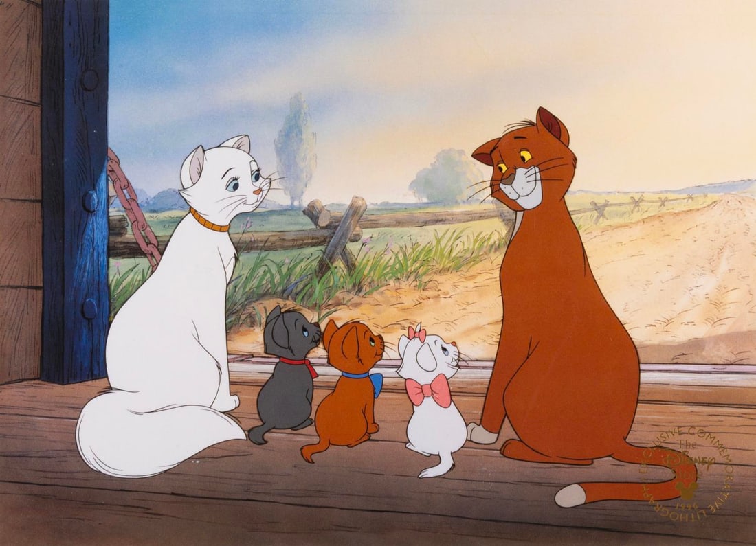 A "The Aristocats" Lithograph.: (Disney, 1996) An exclusive commemorative lithograph of "The Aristocats." With an image size of 7.5" x 10.75" on 11" x 14" paper, the lithograph displays in good condition with scratches and wear, whi