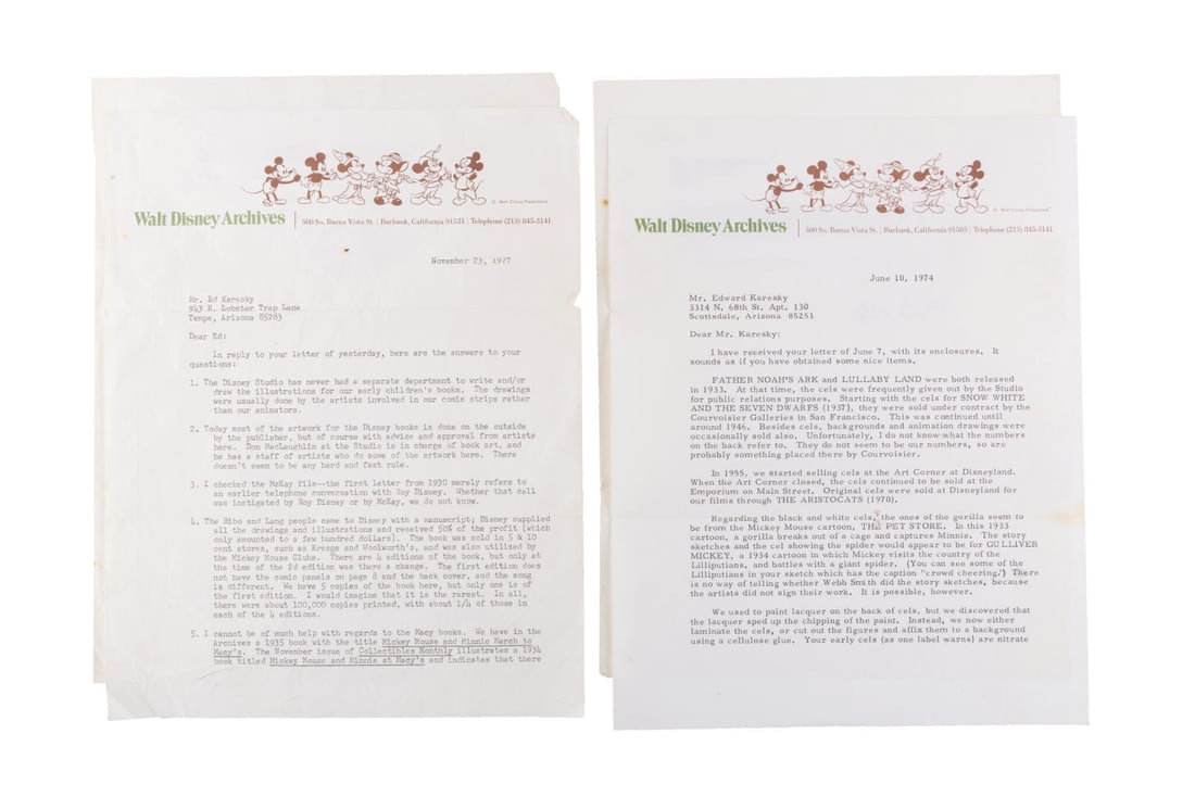 A Pair of Dave Smith Signed Walt Disney Archives Letters.: (Disney, 1974/77) A pair of typed letters from the Walt Disney Archives, signed by the department founder Disney Legend Dave Smith. These letters are Smith's reply to questions about cartoon releases,